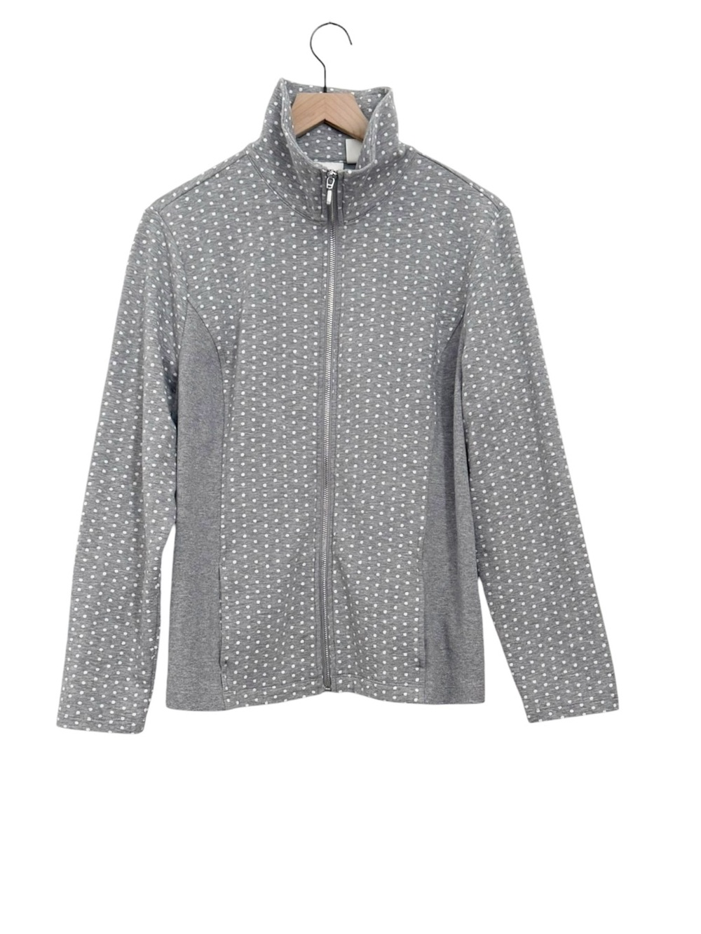 Chico’s Gray Polka Dot Full-Zip Fleece Jacket size Large